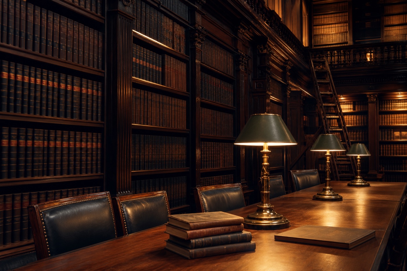 Classic law library with leather-bound legal volumes